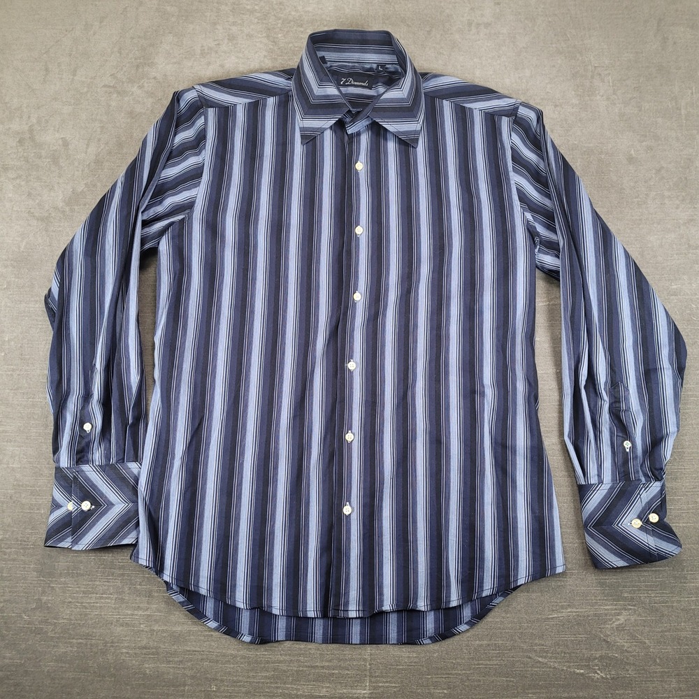 7 Diamonds Mens Large Blue Black Striped Long Sleeve Button Down Dress Shirt